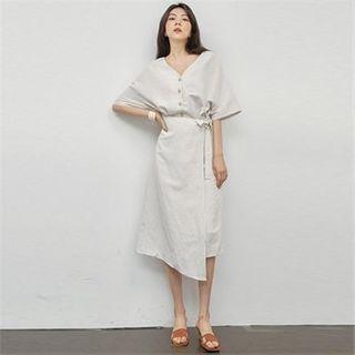 Button-trim Tie-waist Wrap Dress