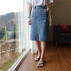 Pocket-side Denim Midi Skirt With Sash
