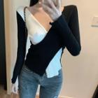 Long-sleeve V-neck Two-tone Knit Top Black & White - One Size