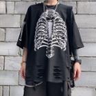 Elbow-sleeve Skeleton Print T-shirt Black - One Size