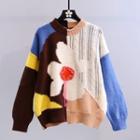 Flower Print Color Block Sweater Off-white - One Size