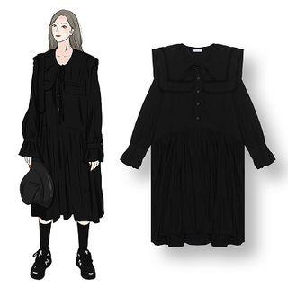 Collared Long-sleeve Midi Shift Dress As Shown In Figure - One Size