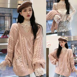 Mock-turtleneck Long-sleeve Lace Top / V-neck Cable Knit Sweater