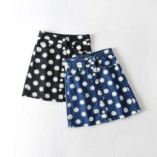 Floral Print Button Denim Mini A-line Skirt