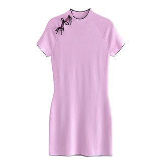 Short-sleeve Bow Accent Knit Sheath Dress