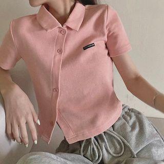 Short-sleeve Asymmetrical Button-up Top Pink - One Size