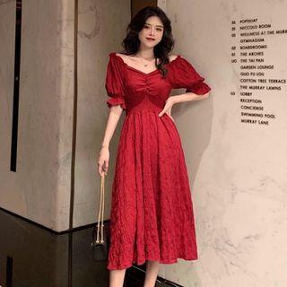 Plain Off-shoulder Midi A-line Dress As Shown In Figure - One Size