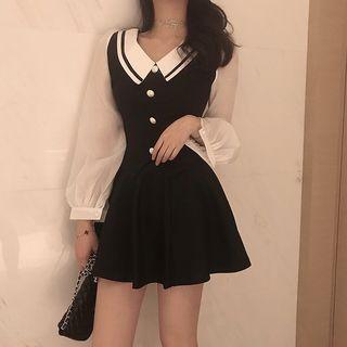 Chiffon Panel V-neck Blouse / Mini A-line Skirt