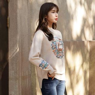 Mock-neck Printed Slit-side Knit Top