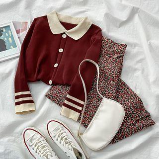 Set: Contrast Trim Cardigan + Floral Skirt
