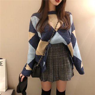 Color Block Argyle Sweater / Woolen Pleated Skirt
