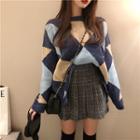 Color Block Argyle Sweater / Woolen Pleated Skirt