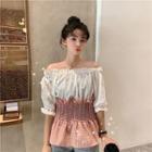 Off-shoulder Plaid Panel Smocked Top