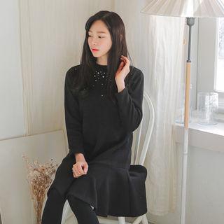 Ruffle-hem Beaded Knit Dress