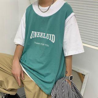 Mock Two Piece Letter Print Elbow-sleeve T-shirt