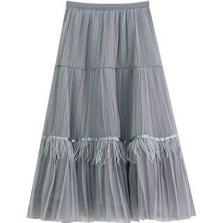 Mesh Panel Fringed Midi A-line Skirt
