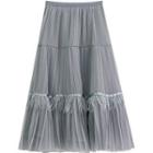 Mesh Panel Fringed Midi A-line Skirt