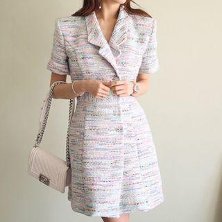 Short-sleeve Tweed Open-collar A-line Mini Dress