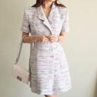 Short-sleeve Tweed Open-collar A-line Mini Dress