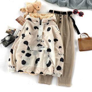 Cow Print Fleece-lined Hoodie / Plaid Straight Leg Pants