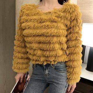 Long-sleeve Furry-knit Plain Top