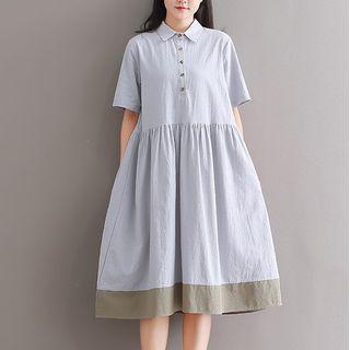 Short-sleeve Contrast Trim A-line Midi Shirtdress