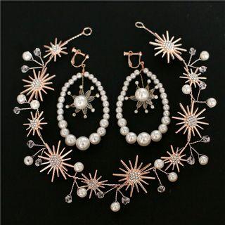 Wedding Set: Rhinestone Head Piece + Clip On Earring
