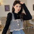 Frayed Tweed Camisole Top / Long-sleeve Round Neck Ruched Plain Top