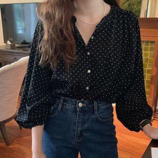 Lantern Sleeve Dotted Print Blouse