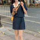 Short-sleeve Contrast Trim Denim Shirt / Mini Pencil Skirt