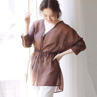 Elbow-sleeve Plain Sheer Drawstring Blouse