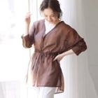 Elbow-sleeve Plain Sheer Drawstring Blouse