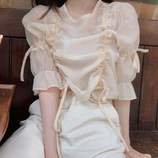 Short-sleeve Drawstring Blouse Almond - One Size