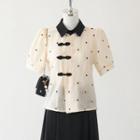 Two Tone Embroider Chiffon Button-up Blouse