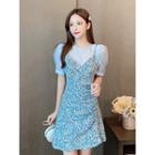 Set: Short-sleeve Blouse + Floral Spaghetti Strap Shirred Mini A-line Dress