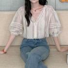 Puff-sleeve V-neck Lace Trim Blouse Beige - One Size