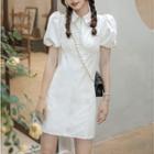 Puff-sleeve Zip-up Mini A-line Dress