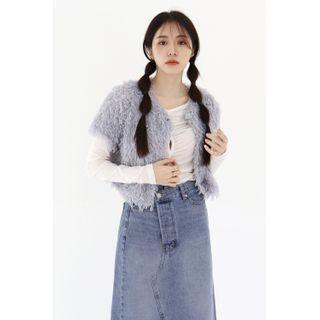 Cropped Fringed Cardigan Blue - One Size
