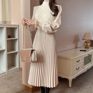 Knit-panel Accordion-pleat Dress