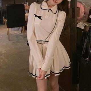 Long-sleeve Polo Shirt / Pleated Mini A-line Skirt