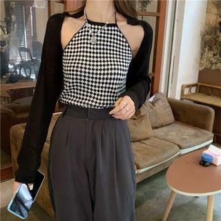 Halter-neck Argyle Print Top / Cropped Cardigan