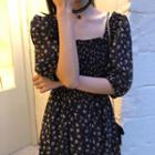 Floral Print Elbow-sleeve Midi A-line Dress Black - One Size