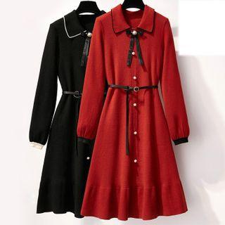 Collared Buttoned Midi A-line Knit Dress