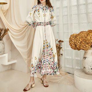 Long-sleeve Floral Embroidery Shirt Dress