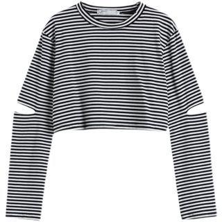Cut-out Long Sleeve Stripe Crop T-shirt