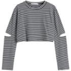 Cut-out Long Sleeve Stripe Crop T-shirt