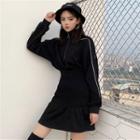 Mock Two-piece Long-sleeve A-line Mini Dress Black - One Size