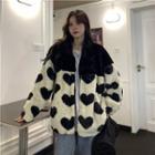 Heart Print / Leopard Print Two Tone Zipped Furry Jacket