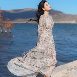 Long-sleeve Patterned A-line Sundress