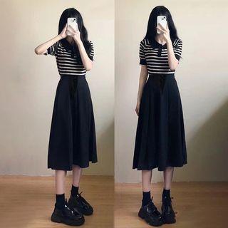 Short-sleeve Striped Polo Shirt / Midi A-line Skirt / Set
